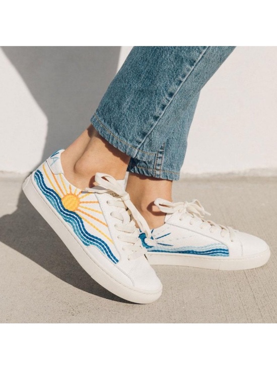 Soludos Shoes - Soludos White Canvas Sneakers with Blue Wave and Yellow Sun Motif